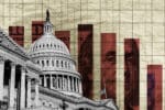 Concept showing a slowing market behind a black and white United States Capitol